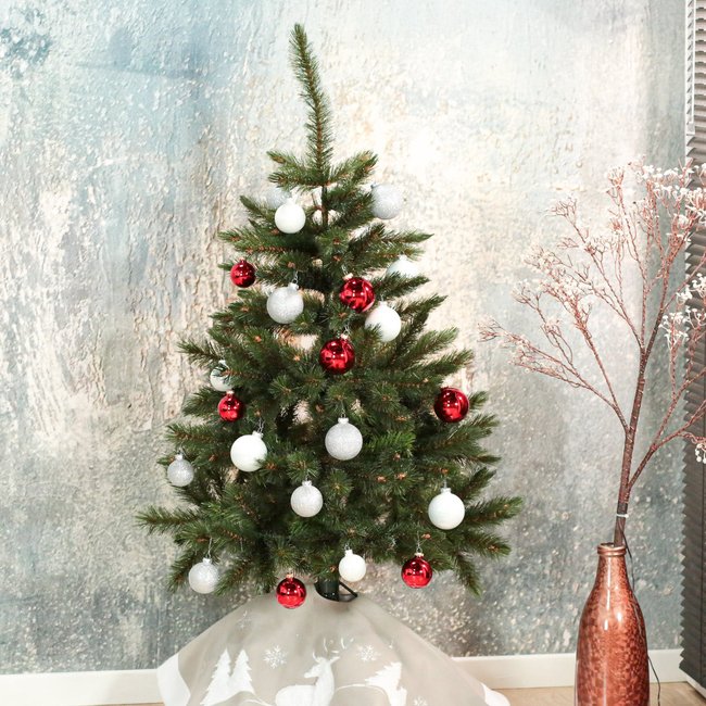 Boules de Noël en verre rouge, blanc et argent (boîte de 42) Couleur rouge <span itemprop=