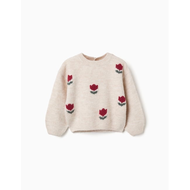 Pull en maille avec fleurs en intarsia beige clair <span itemprop=
