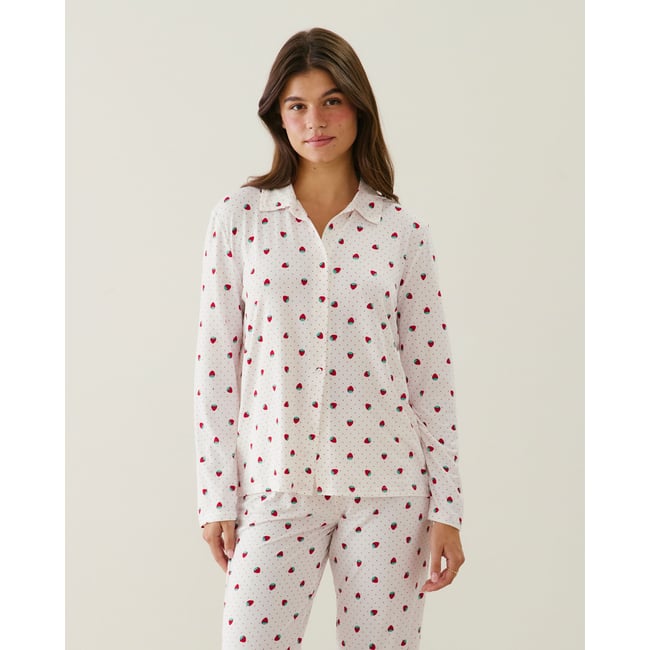 Ensemble de pyjama en jersey à pois et motifs fraises ANIMIZ ecru <span itemprop=