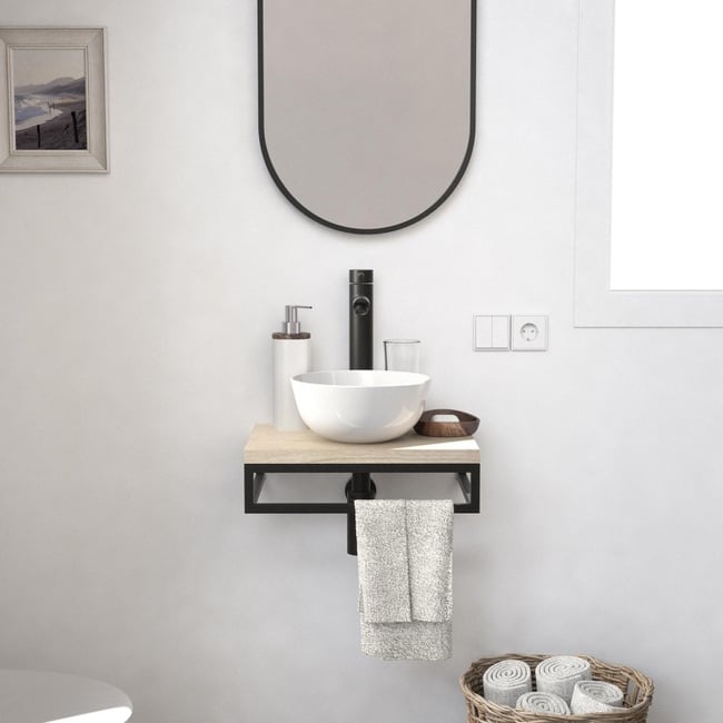 Lave-mains fin +vasque+robinet+miroir SOHO Couleur décor chêne <span itemprop=