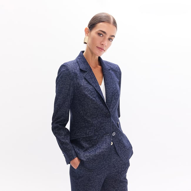 Blazer ajusté imprimé léopard en velours côtelé bleu marine <span itemprop=