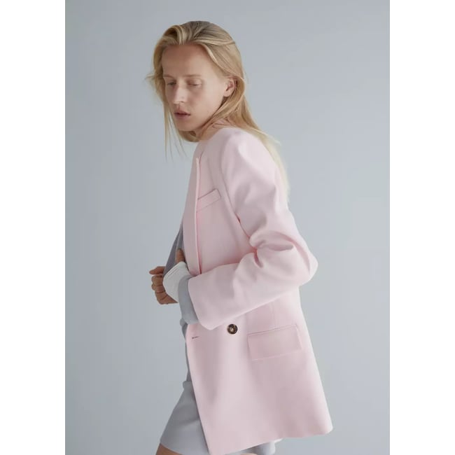 Blazer costume croisé mélange de coton rose pastel <span itemprop=