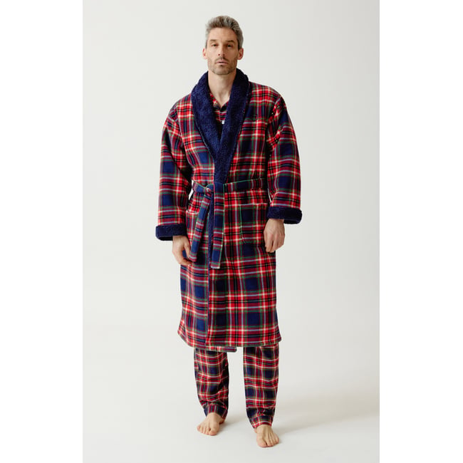 Robe de chambre en polaire à carreaux Léon rouge <span itemprop=