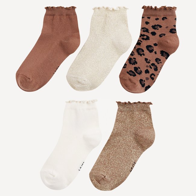 Set van 5 paar kousen, effen en met luipaardprint <span itemprop=