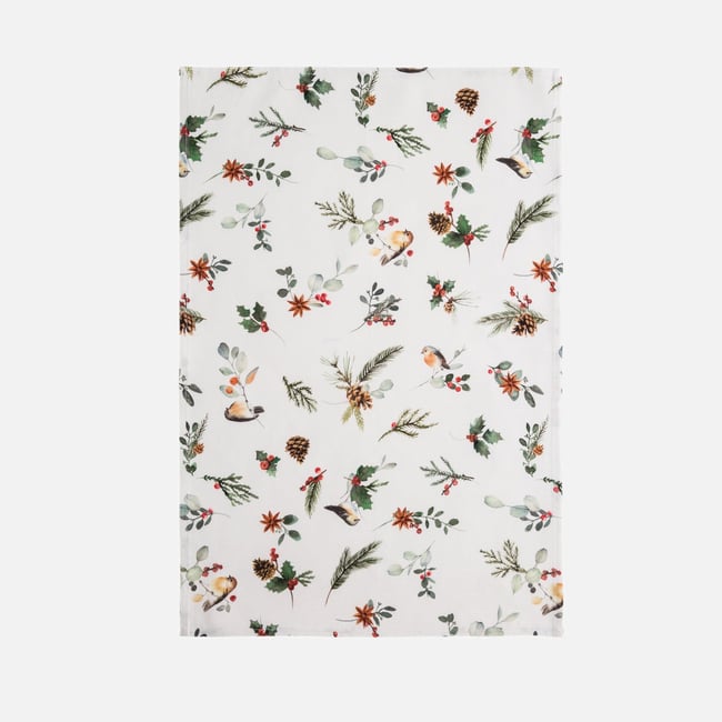 Torchon imprimé en coton et lin MAGIE DE NOËL blanc <span itemprop=
