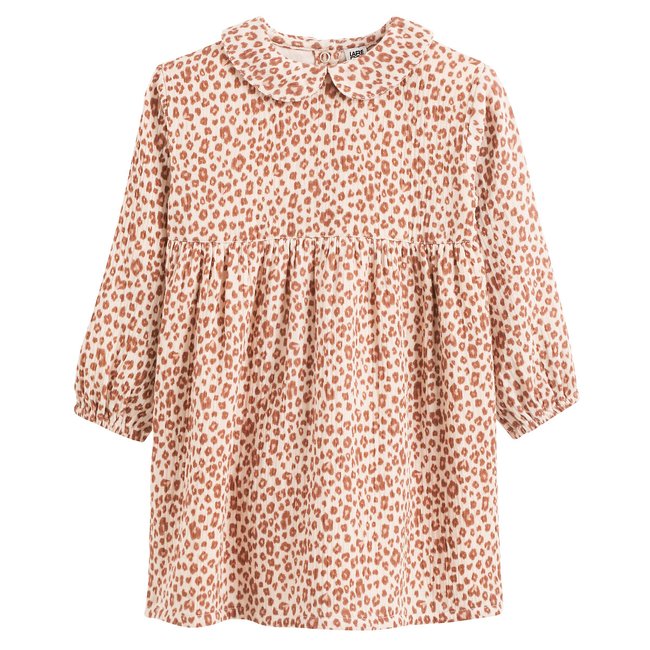 Vestido em gaze de algodão, gola claudine, estampado leopardo estampado leopardo <span itemprop=