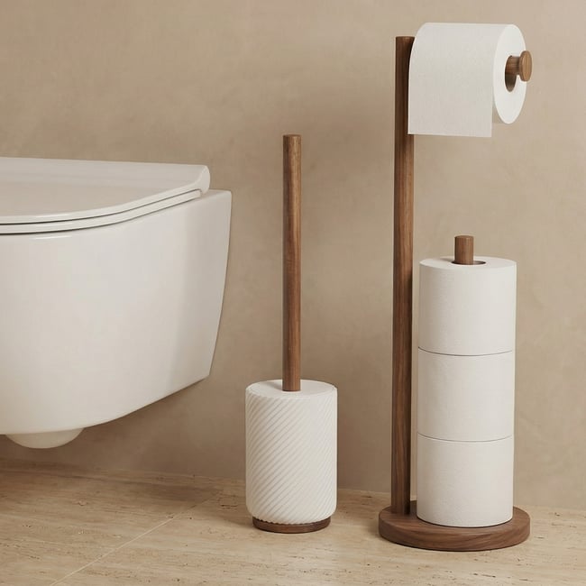 Brosse WC - Résine blanche et bois - ASCOLI Couleur blanc et bois <span itemprop=