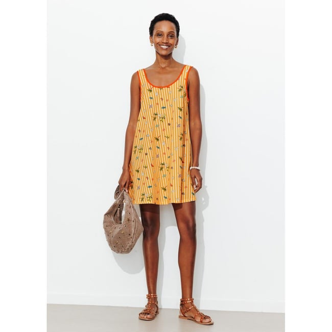 Robe courte imprimée rayé jaune <span itemprop=