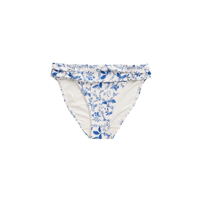 Bas de bikini échancré avec côtés froncés crème/bleu à petits motifs floraux <span itemprop=