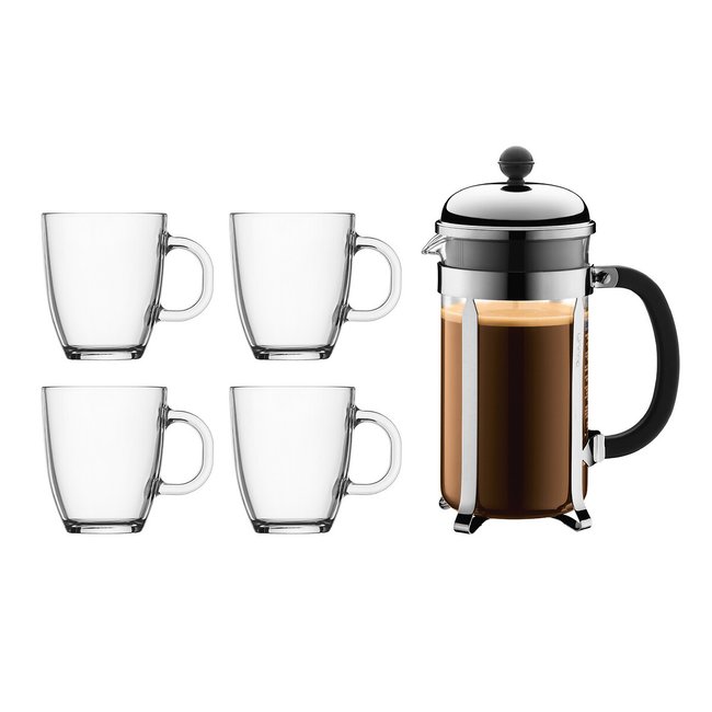 Caffettiera francese Chambord 8 tazze con 4 mug metallo cromato BODUM