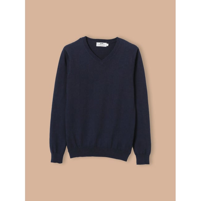 Pull col V bleu fonce uni <span itemprop=
