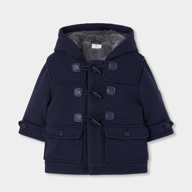 Duffle-coat garçon en drap à capuche bleu <span itemprop=