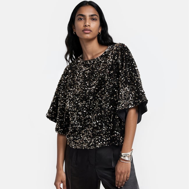Blouse col rond à sequins, manches courtes   noir/mordoré <span itemprop=