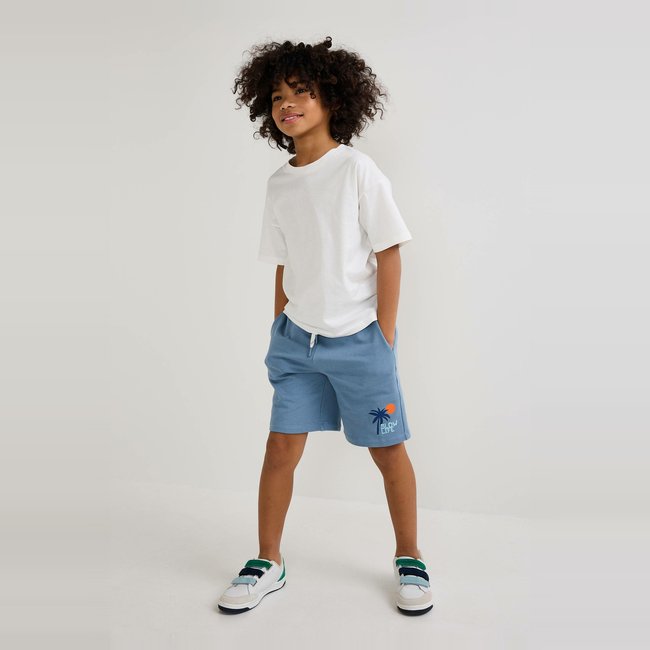 Bermuda élastiqué en molleton uni avec inscription en coton BIO GOTS stratus <span itemprop=