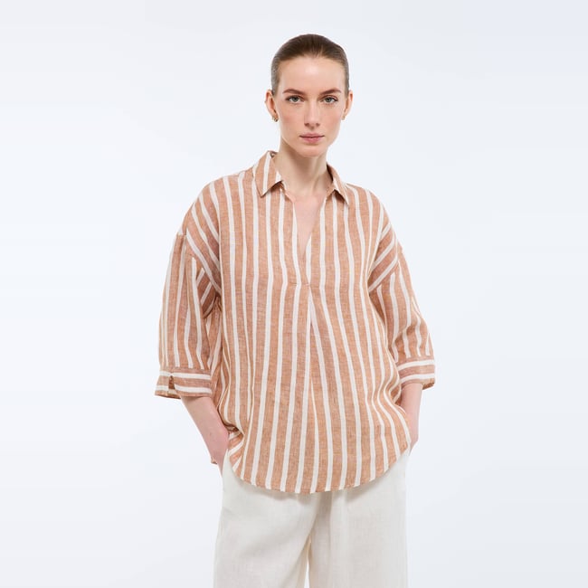 Blouse manches trois quarts rayée en lin copeau <span itemprop=