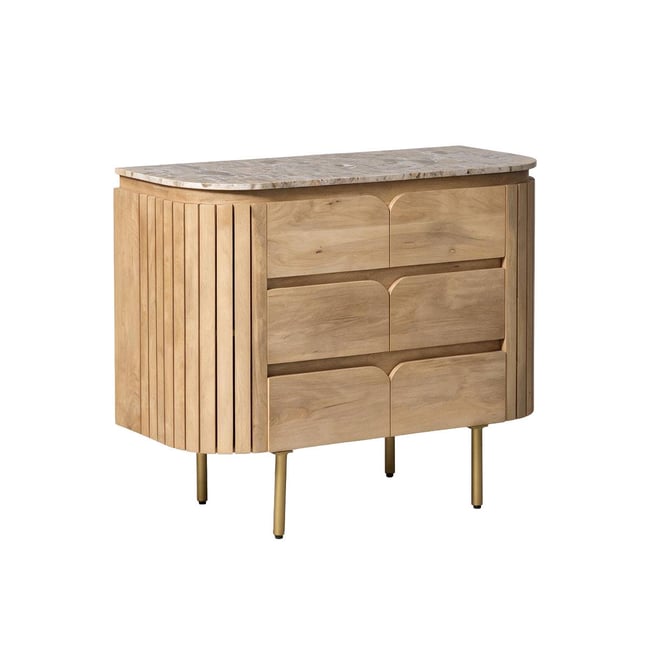 Meuble sous vasque 2 tiroirs en marbre et bois de manguier CYRENE Couleur bois clair <span itemprop=
