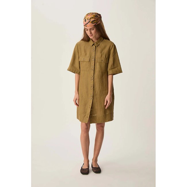 Robe courte en lin col chemise, ROBINSON olive <span itemprop=