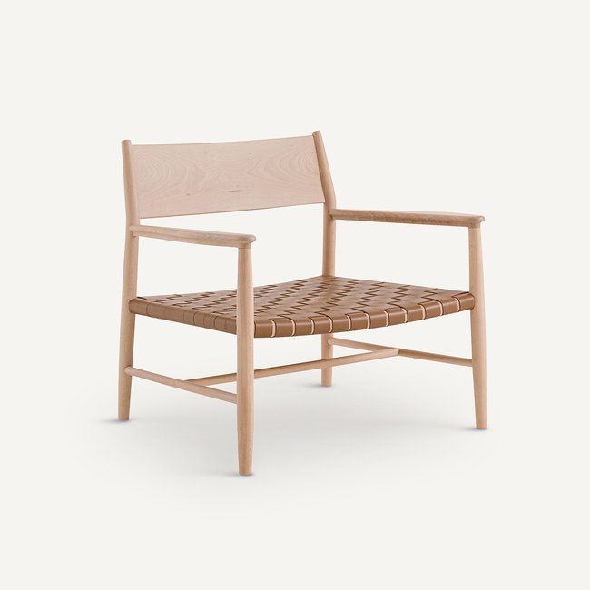 Sillón de haya maciza con correas de piel Milda coñac <span itemprop=