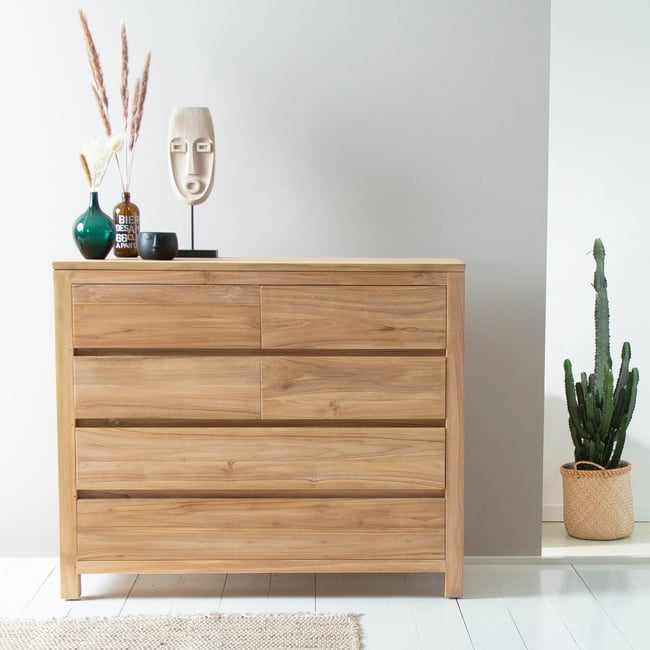 Commode en teck massif 120 cm 5 tiroirs  ALDO Couleur naturel <span itemprop=