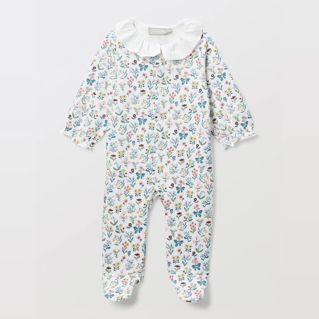 Dors-bien à pieds avec col fantaisie en coton ecru <span itemprop=