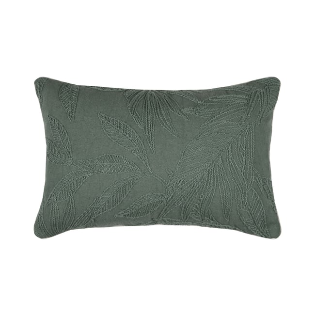 Coussin rectangulaire en coton à feuillage brodé kaki <span itemprop=