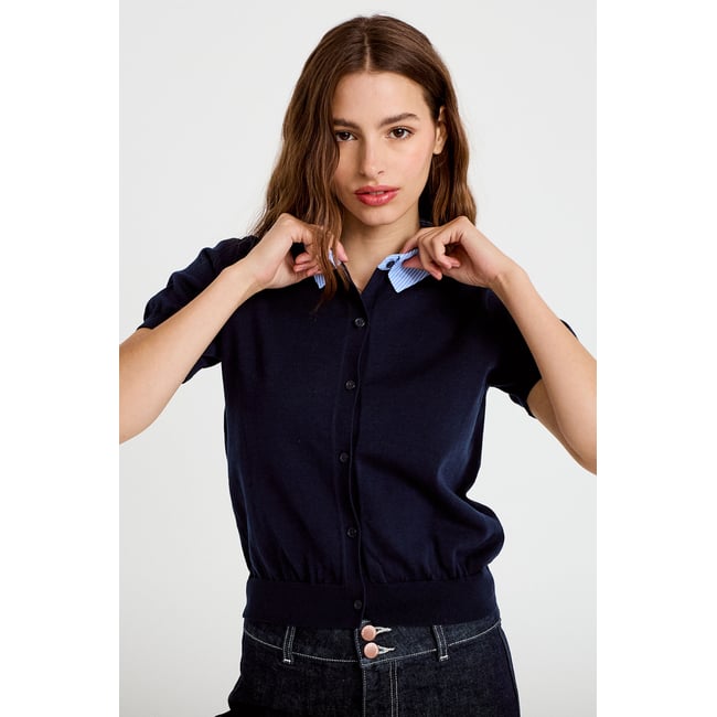 Polo col chemise manches courtes bleu marine <span itemprop=