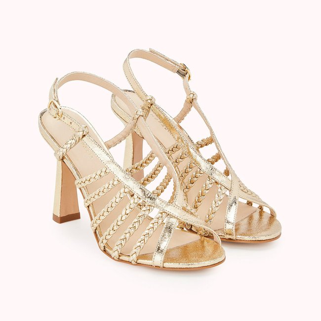 Sandales à talon en cuir tressé Oriane doré <span itemprop=