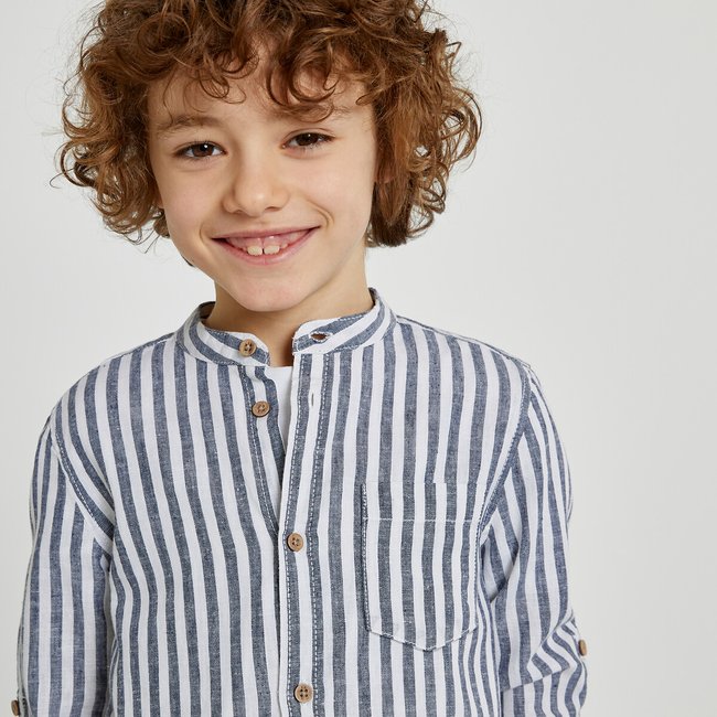 Camicia collo alla coreana a righe misto lino 3 12 anni rigato blu La Redoute Collections La Redoute