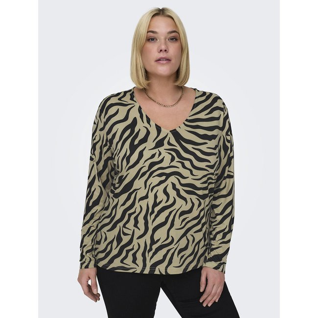 Blouse col rond imprimé animalier, manches longues beige/noir <span itemprop=