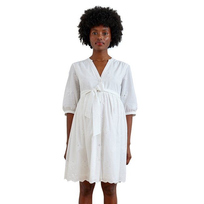 Robe courte broderie anglaise grossesse et allaitement blanc <span itemprop=