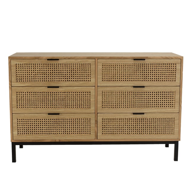 Commode 6 tiroirs bois clair et rotin pieds métal PALMA Couleur bois naturel <span itemprop=