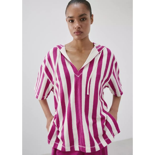 Sweat en coton bouclette à rayures fuchsia <span itemprop=