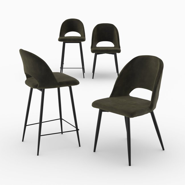 Pack 2 chaises et 2 chaises de bar 65 cm en velours - PÉNÉLOPE Couleur vert sapin <span itemprop=