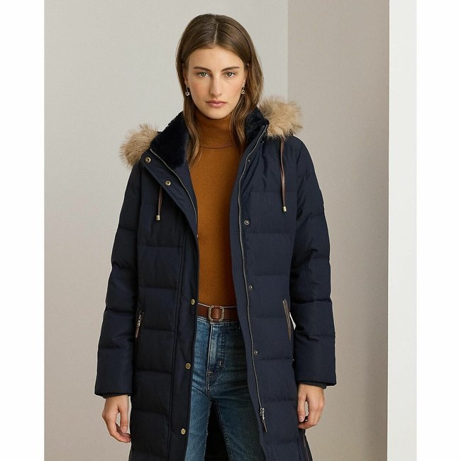 Chaqueta acolchada semilarga con capucha azul marino <span itemprop=