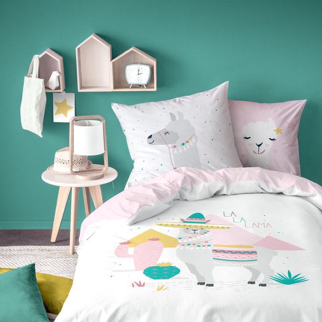 Parure de lit imprimée 100% coton, NO DRAMA LAMA blanc <span itemprop=