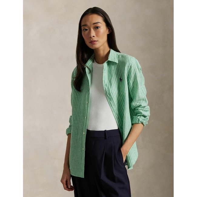Chemise rayée manches longues vert/blanc <span itemprop=
