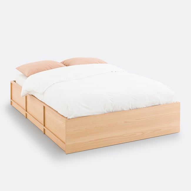 Lit coffre avec sommier relevable, SENSSIA Couleur plaqué chêne naturel <span itemprop=