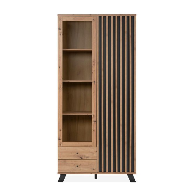Bibliothèque vitrine 1 porte noire rainurée ALVA Couleur bois naturel <span itemprop=