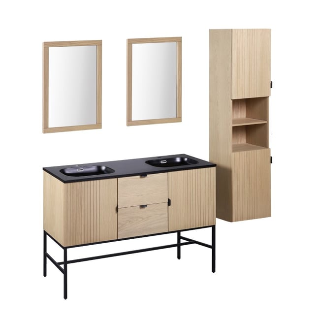 Meuble double vasque + miroir +colonne STUDIO Couleur bois clair <span itemprop=