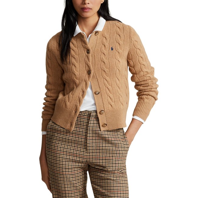 Buttoned cable knit cardigan with crew neck camel Polo Ralph Lauren La Redoute