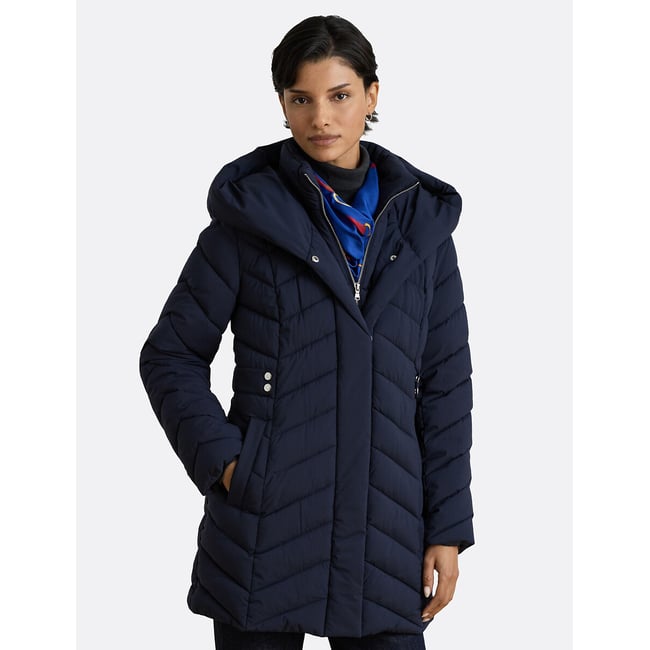 Doudoune mi-longue à capuche marine <span itemprop=