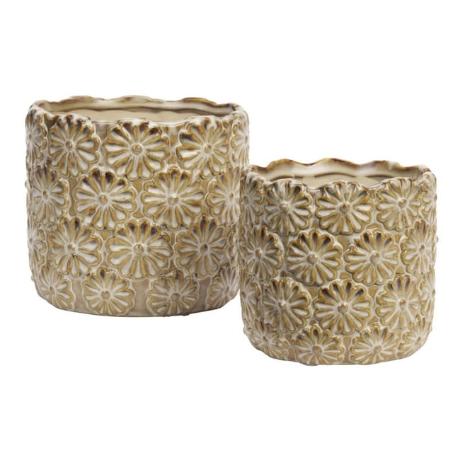 Cache-pot grès floral texturé  set de 2 Couleur beige <span itemprop=