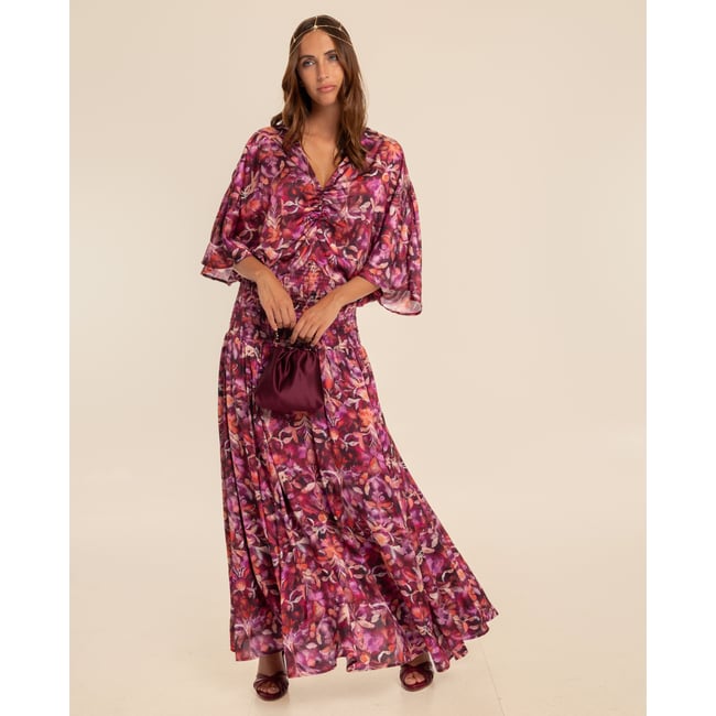 Robe midi froncée à smocks bougainvillier <span itemprop=