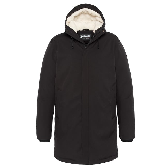 Manteau ELJIN doublé doudoune et capuche sherpa noir <span itemprop=
