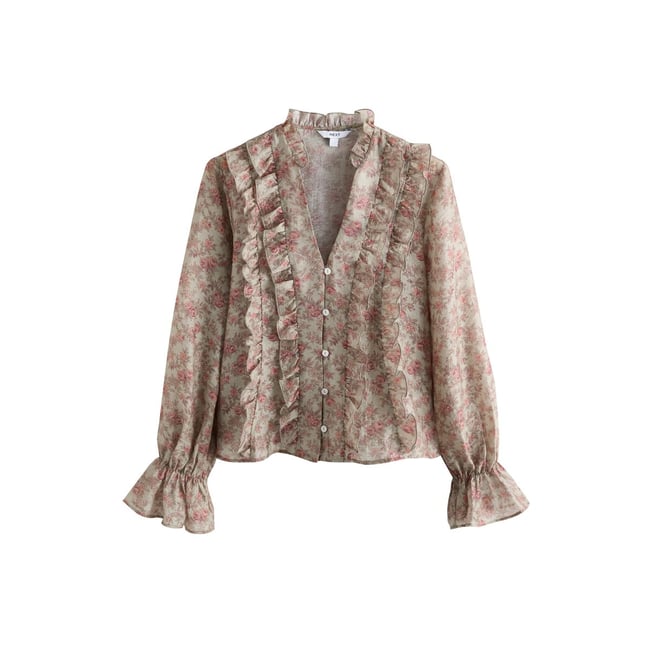 Chemisier à manches longues et volants imprimé floral vert sauge <span itemprop=
