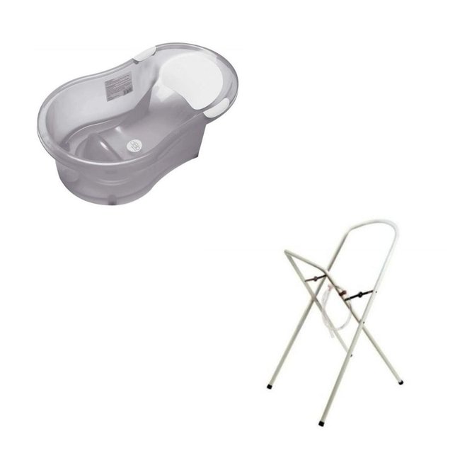 Baignoire 0-6 mois grise translucide avec transat intégré + support à pied gris <span itemprop=