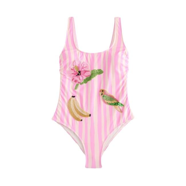 Maillot de bain gainant avec perles rayures roses/crème <span itemprop=
