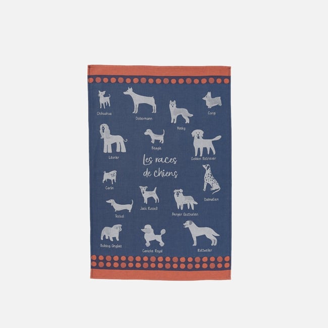 Torchon jacquard en coton LES RACES DE CHIENS bleu foncé <span itemprop=