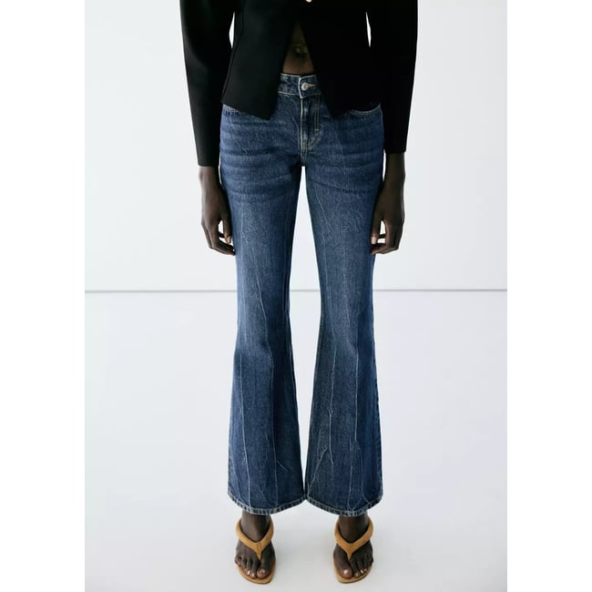 Jeans flare taille basse bleu foncé <span itemprop=