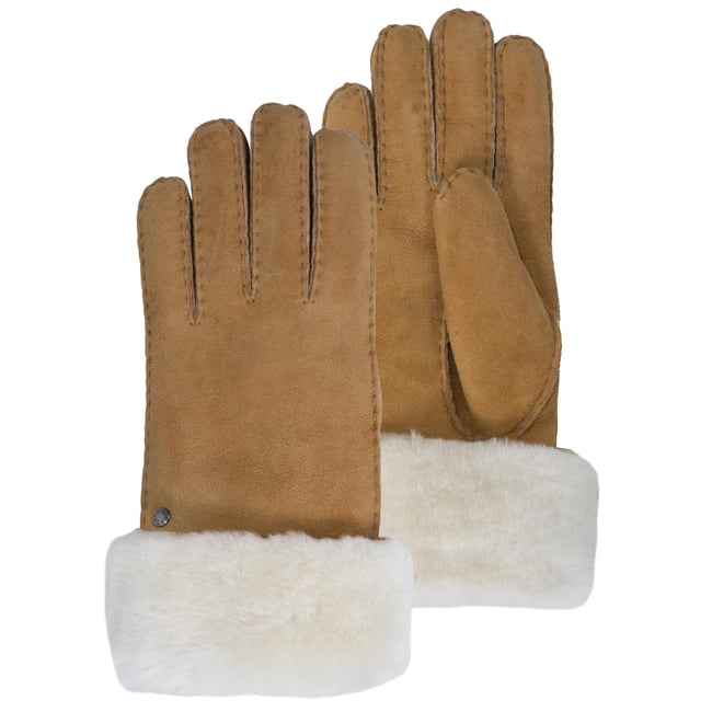 Gants chauds et doux, en cuir de mouton retourné, et intérieur imitation fourrure beige caramel <span itemprop=
